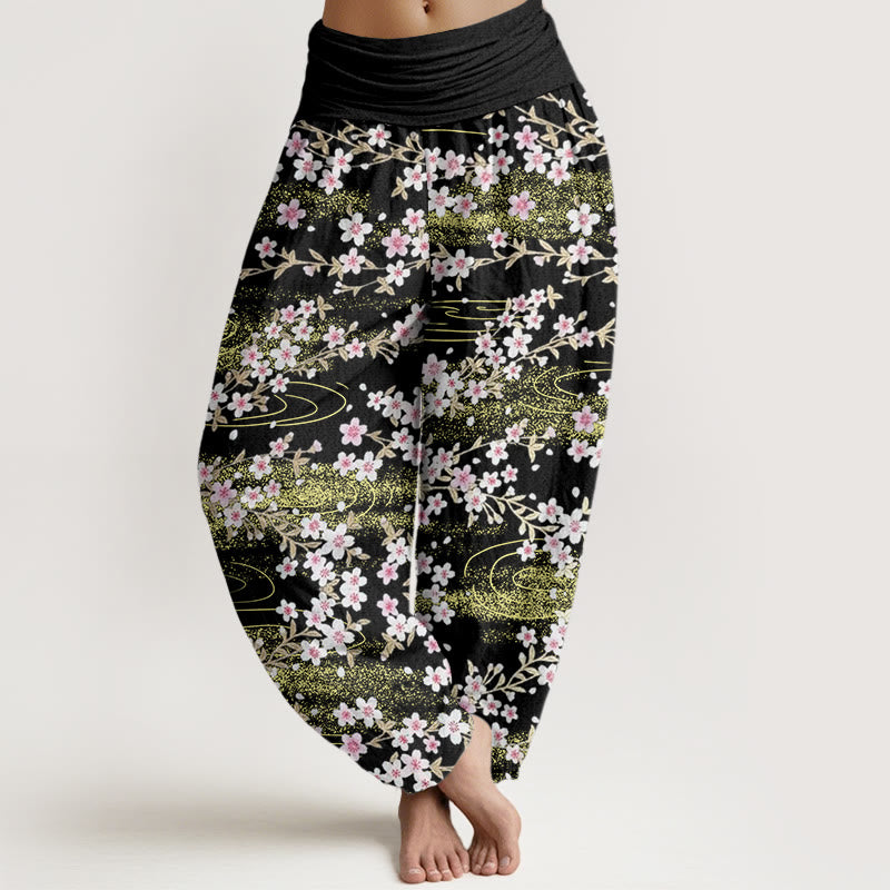 Pantalones harén informales con estampado de agua y flores de cerezo de Buddha Stones para mujer, cintura elástica - Negro - US22，UK/AU26，EU54 (6XL) - image 8