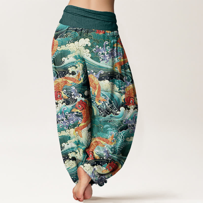 Pantalones harén con cintura elástica para mujer, con estampado de olas del océano y peces koi, Buddha Stones - image 2