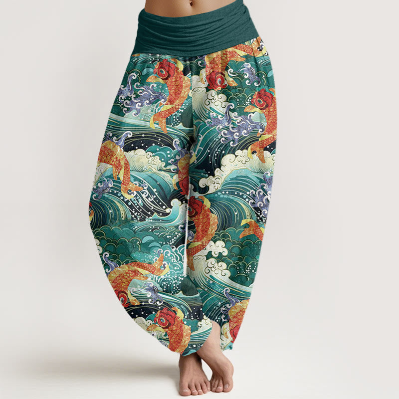 Pantalones harén con cintura elástica para mujer, con estampado de olas del océano y peces koi, Buddha Stones - Verde azulado - US22，UK/AU26，EU54 (6XL) - image 1