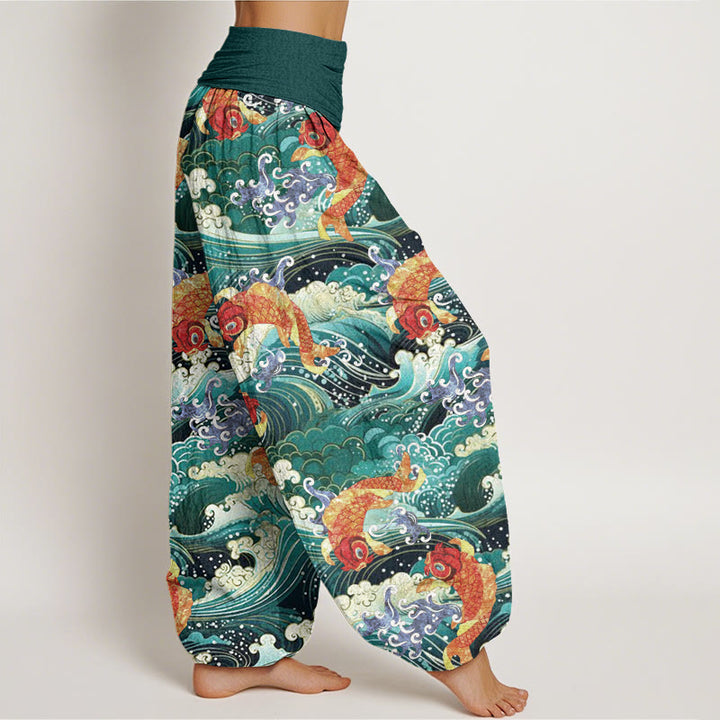 Pantalones harén con cintura elástica para mujer, con estampado de olas del océano y peces koi, Buddha Stones - image 3
