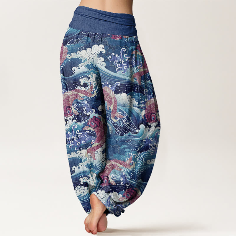 Pantalones harén con cintura elástica para mujer, con estampado de olas del océano y peces koi, Buddha Stones - image 6