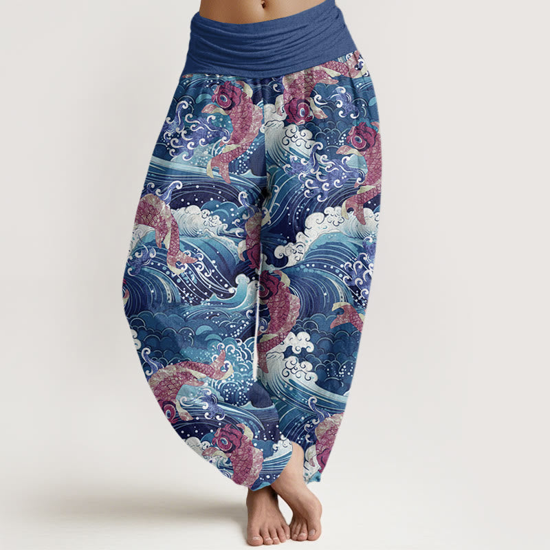 Pantalones harén con cintura elástica para mujer, con estampado de olas del océano y peces koi, Buddha Stones - Azul oscuro - US22，UK/AU26，EU54 (6XL) - image 5