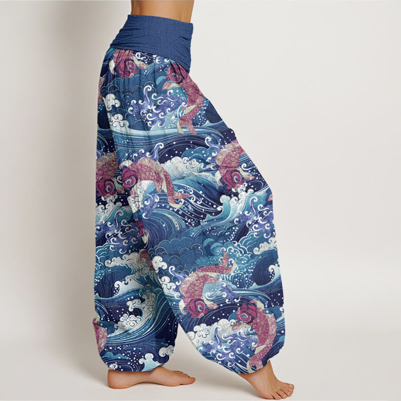 Pantalones harén con cintura elástica para mujer, con estampado de olas del océano y peces koi, Buddha Stones - image 7
