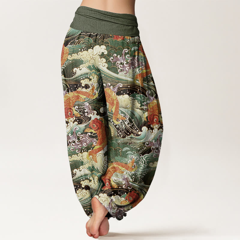 Pantalones harén con cintura elástica para mujer, con estampado de olas del océano y peces koi, Buddha Stones - image 9