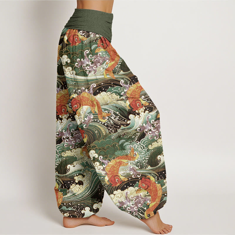 Pantalones harén con cintura elástica para mujer, con estampado de olas del océano y peces koi, Buddha Stones - image 10