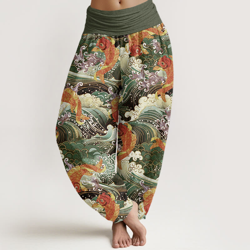 Pantalones harén con cintura elástica para mujer, con estampado de olas del océano y peces koi, Buddha Stones - Verde oliva - US22，UK/AU26，EU54 (6XL) - image 8