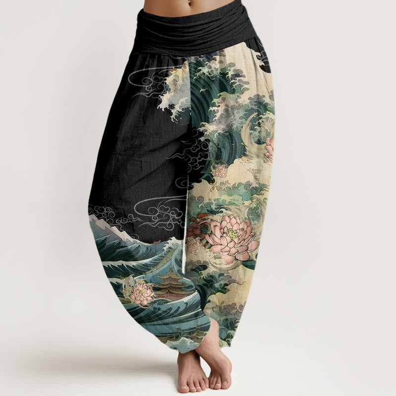 Pantalones harén con cintura elástica para mujer, con estampado de loto floreciente y Buddha Stones - Negro - US22，UK/AU26，EU54 (6XL) - image 1