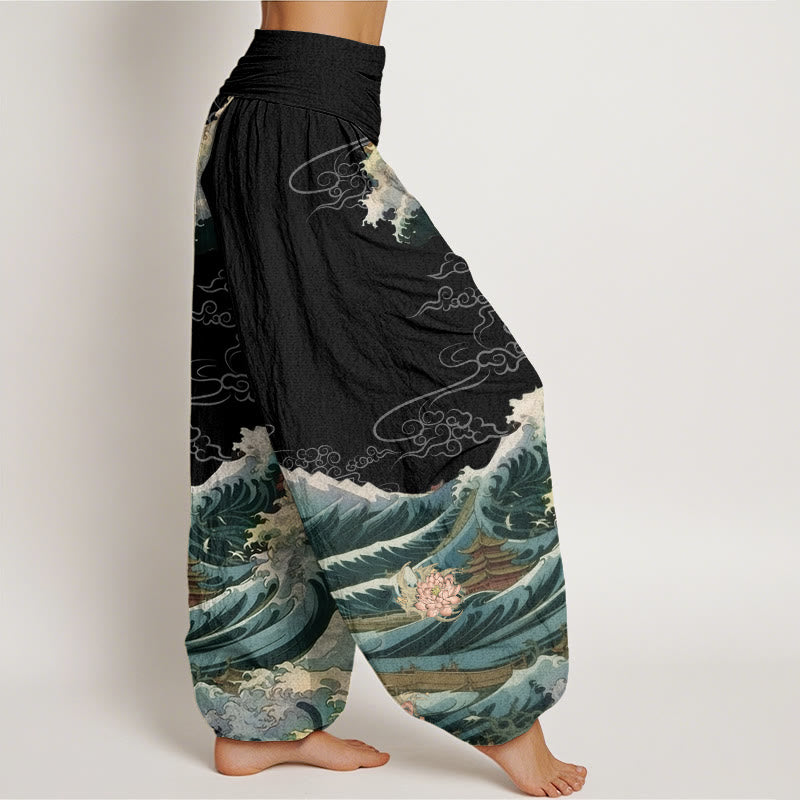 Pantalones harén con cintura elástica para mujer, con estampado de loto floreciente y Buddha Stones - image 3