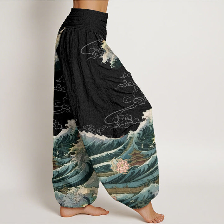 Pantalones harén con cintura elástica para mujer, con estampado de loto floreciente y Buddha Stones - image 3