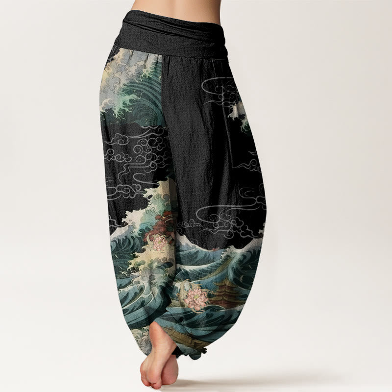 Pantalones harén con cintura elástica para mujer, con estampado de loto floreciente y Buddha Stones - image 1