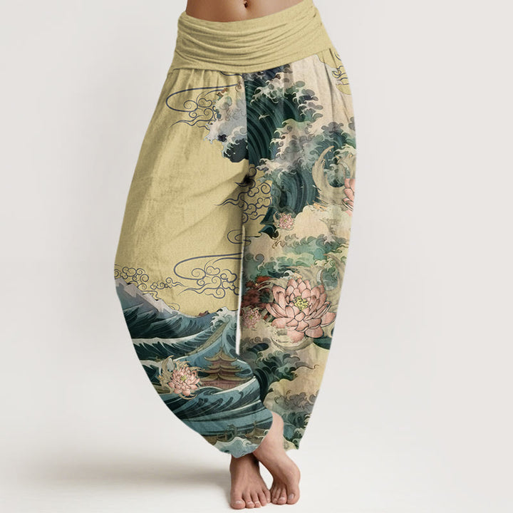 Pantalones bombachos de cintura elástica para mujer, de Buddha Stones , estilo informal, con estampado de loto floreciente y olas. - Caqui - US22，UK/AU26，EU54 (6XL) - image 4