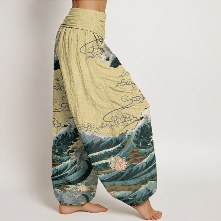 Pantalones bombachos de cintura elástica para mujer, de Buddha Stones , estilo informal, con estampado de loto floreciente y olas. - image 6