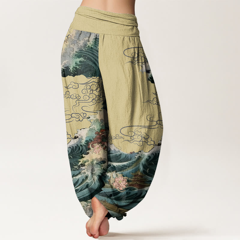 Pantalones harén con cintura elástica para mujer, con estampado de loto floreciente y Buddha Stones - image 6