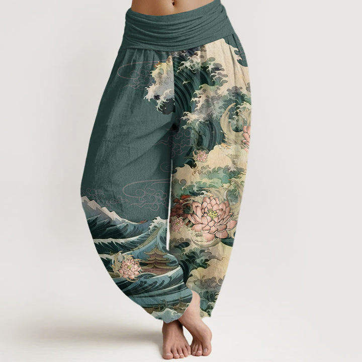 Pantalones harén con cintura elástica para mujer, con estampado de loto floreciente y Buddha Stones - Verdemar - US22，UK/AU26，EU54 (6XL) - image 8