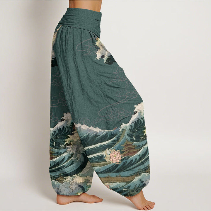 Pantalones harén con cintura elástica para mujer, con estampado de loto floreciente y Buddha Stones - image 10