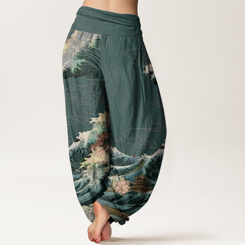 Pantalones harén con cintura elástica para mujer, con estampado de loto floreciente y Buddha Stones - image 9