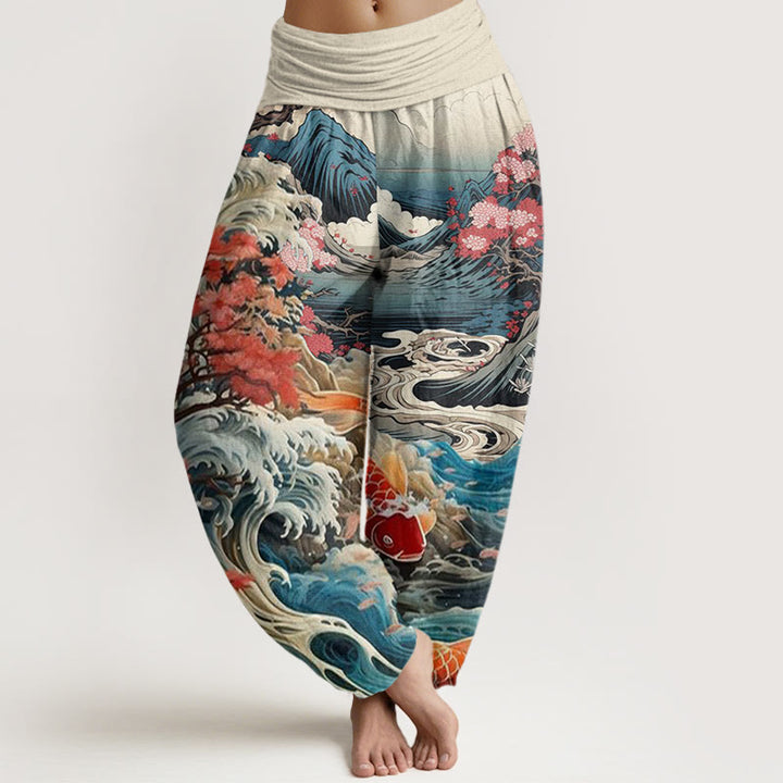 Pantalones harén con cintura elástica para mujer, diseño informal con diseño de Buddha Stones, árbol floreciente, peces koi, olas y montañas - Beige - US22，UK/AU26，EU54 (6XL) - image 0
