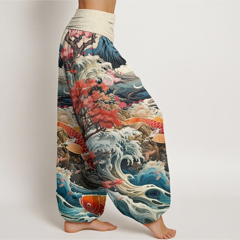 Pantalones harén con cintura elástica para mujer, diseño informal con diseño de Buddha Stones, árbol floreciente, peces koi, olas y montañas - image 2