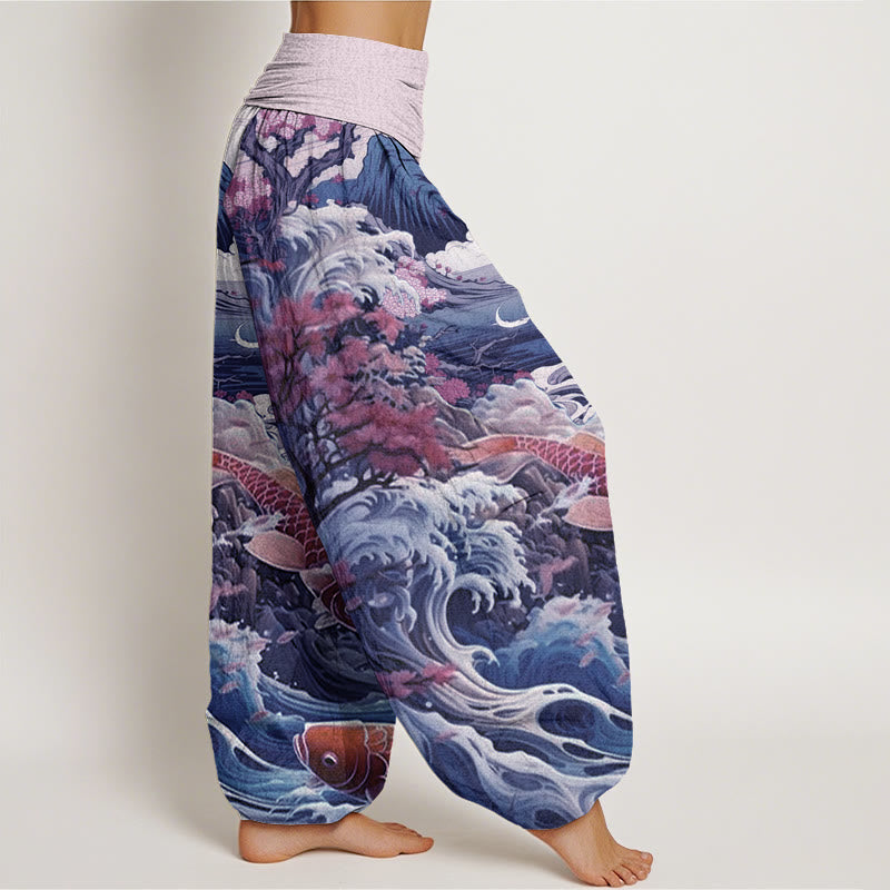 Pantalones harén con cintura elástica para mujer, diseño informal con diseño de Buddha Stones, árbol floreciente, peces koi, olas y montañas - image 6