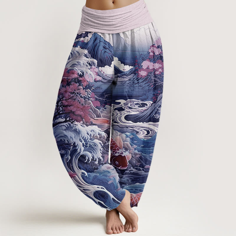 Pantalones harén con cintura elástica para mujer, diseño informal con diseño de Buddha Stones, árbol floreciente, peces koi, olas y montañas - Ciruela - US22，UK/AU26，EU54 (6XL) - image 4