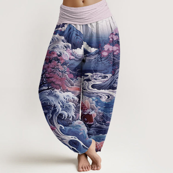 Pantalones harén con cintura elástica para mujer, diseño informal con diseño de Buddha Stones, árbol floreciente, peces koi, olas y montañas - Ciruela - US22，UK/AU26，EU54 (6XL) - image 4