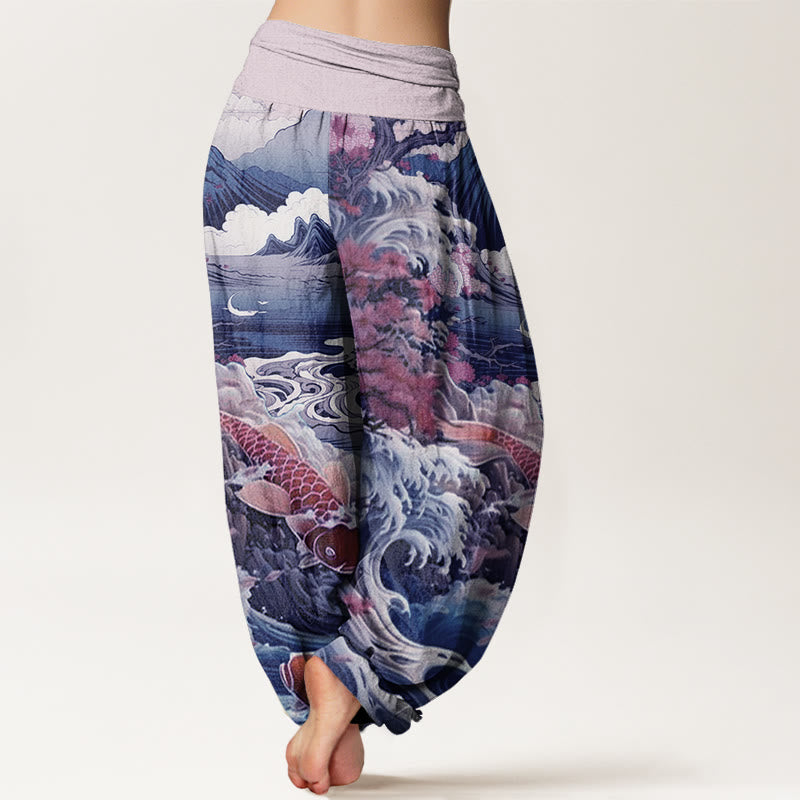 Pantalones harén con cintura elástica para mujer, diseño informal con diseño de Buddha Stones, árbol floreciente, peces koi, olas y montañas - image 5