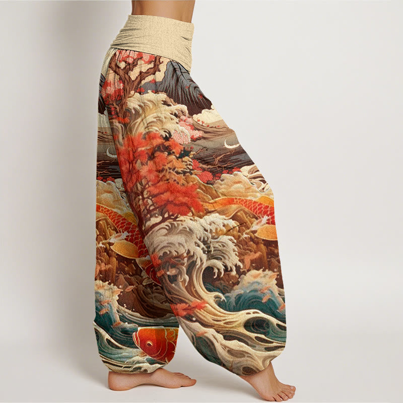 Pantalones harén con cintura elástica para mujer, diseño informal con diseño de Buddha Stones, árbol floreciente, peces koi, olas y montañas - image 9