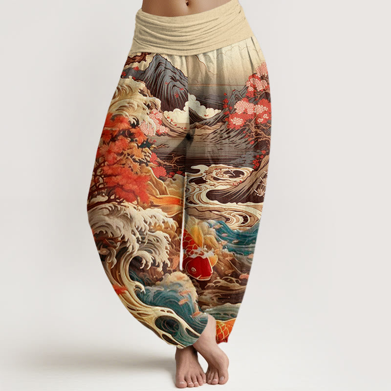 Pantalones harén con cintura elástica para mujer, diseño informal con diseño de Buddha Stones, árbol floreciente, peces koi, olas y montañas - Vara de oro pálida - US22，UK/AU26，EU54 (6XL) - image 7