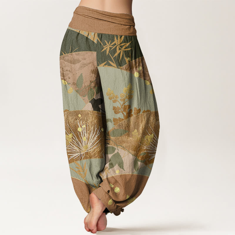 Pantalones harén de cintura elástica para mujer con estampado de hojas semicirculares y Buddha Stones - image 1