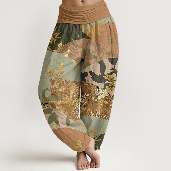 Pantalones harén de cintura elástica para mujer con estampado de hojas semicirculares y Buddha Stones - Perú - US22，UK/AU26，EU54 (6XL) - image 0