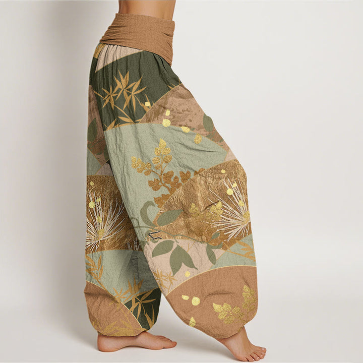 Pantalones harén de cintura elástica para mujer con estampado de hojas semicirculares y Buddha Stones - image 3