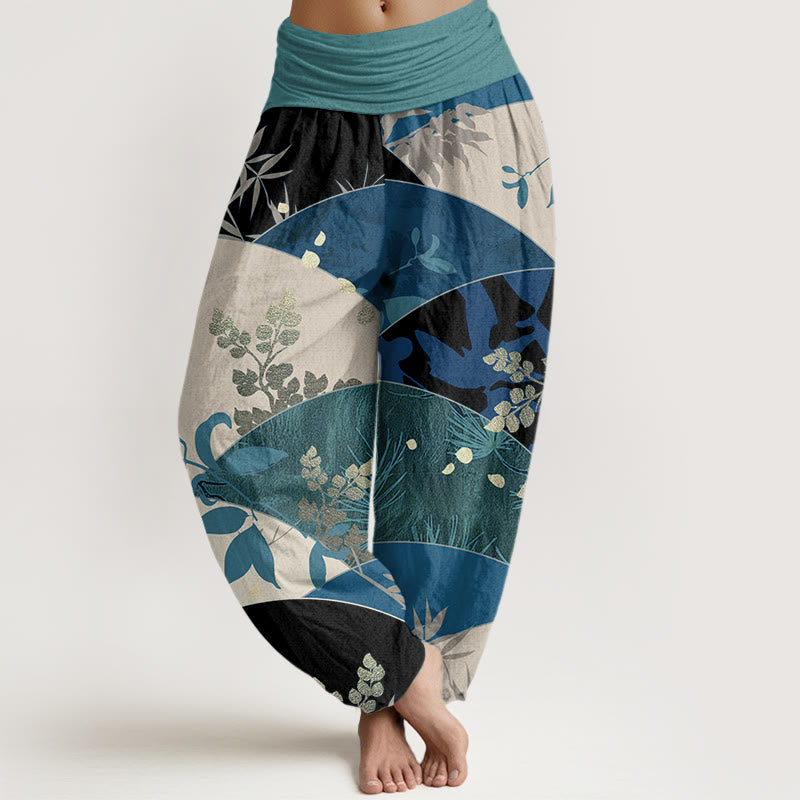 Pantalones harén de cintura elástica para mujer con estampado de hojas semicirculares y Buddha Stones - Verde mar claro - US22，UK/AU26，EU54 (6XL) - image 5