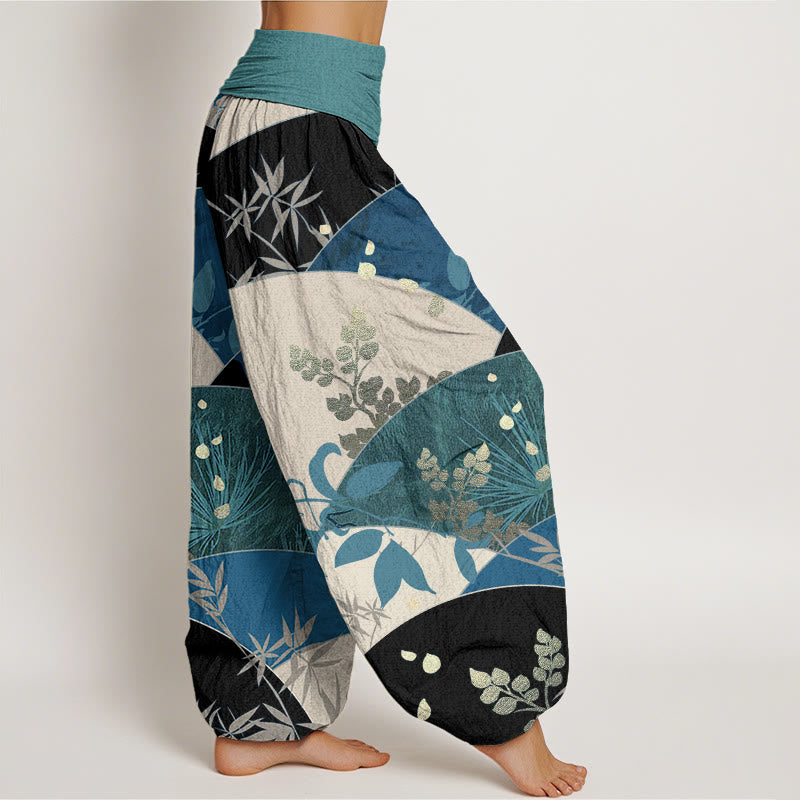 Pantalones harén de cintura elástica para mujer con estampado de hojas semicirculares y Buddha Stones - image 6