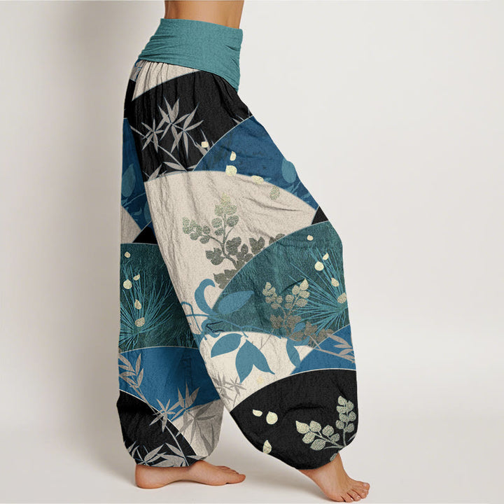 Pantalones harén de cintura elástica para mujer con estampado de hojas semicirculares y Buddha Stones - image 6