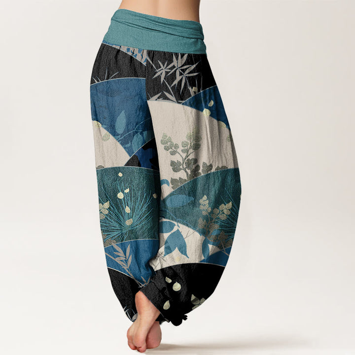 Pantalones harén de cintura elástica para mujer con estampado de hojas semicirculares y Buddha Stones - image 6