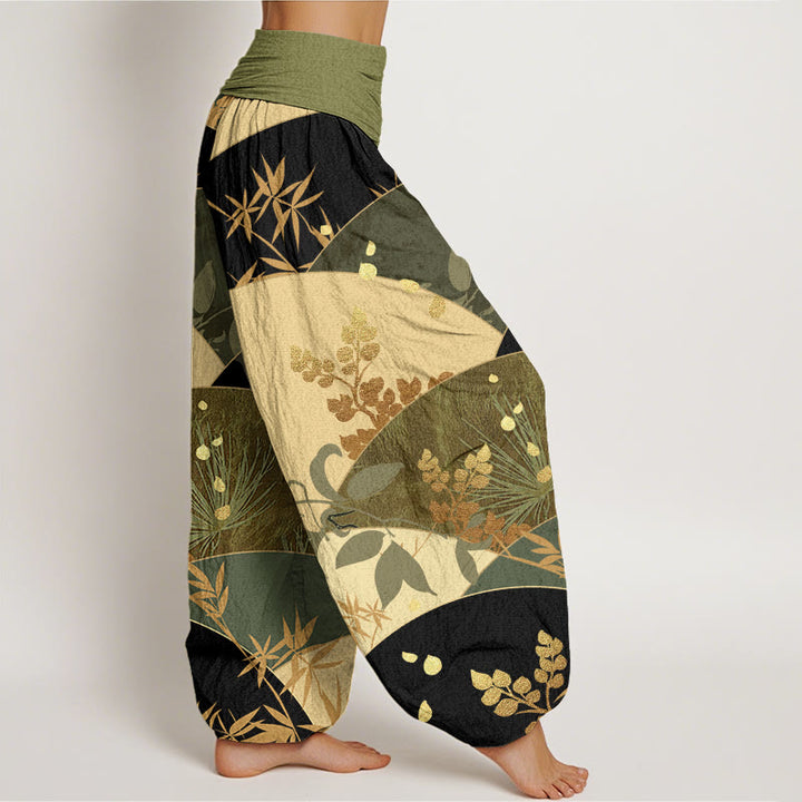 Pantalones harén de cintura elástica para mujer con estampado de hojas semicirculares y Buddha Stones - image 9