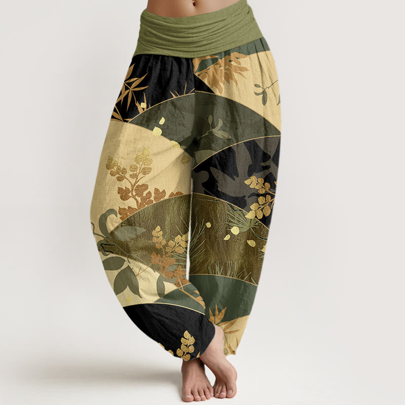 Pantalones harén de cintura elástica para mujer con estampado de hojas semicirculares y Buddha Stones - Verde oliva - US22，UK/AU26，EU54 (6XL) - image 8