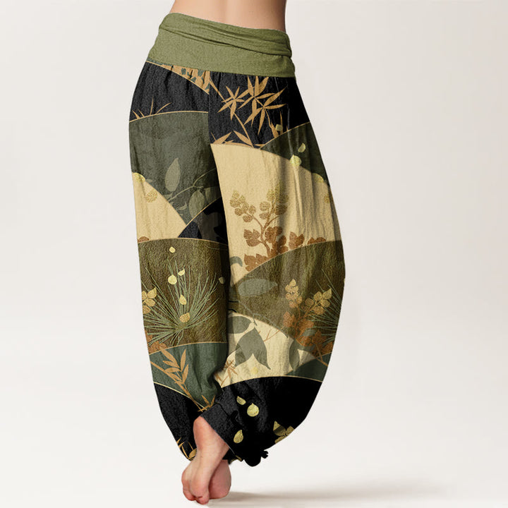 Pantalones harén de cintura elástica para mujer con estampado de hojas semicirculares y Buddha Stones - image 9