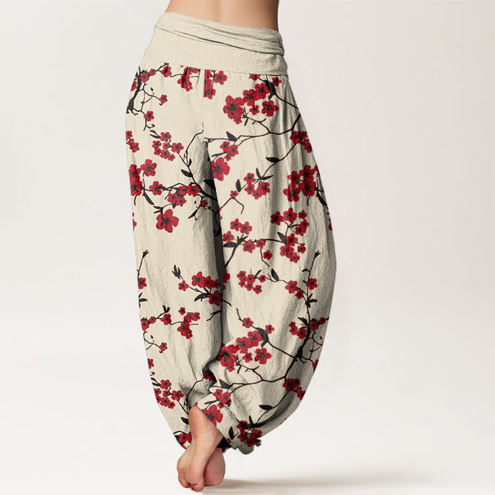 Pantalones harén con cintura elástica para mujer con estampado de flor de melocotón rojo y Buddha Stones - image 1