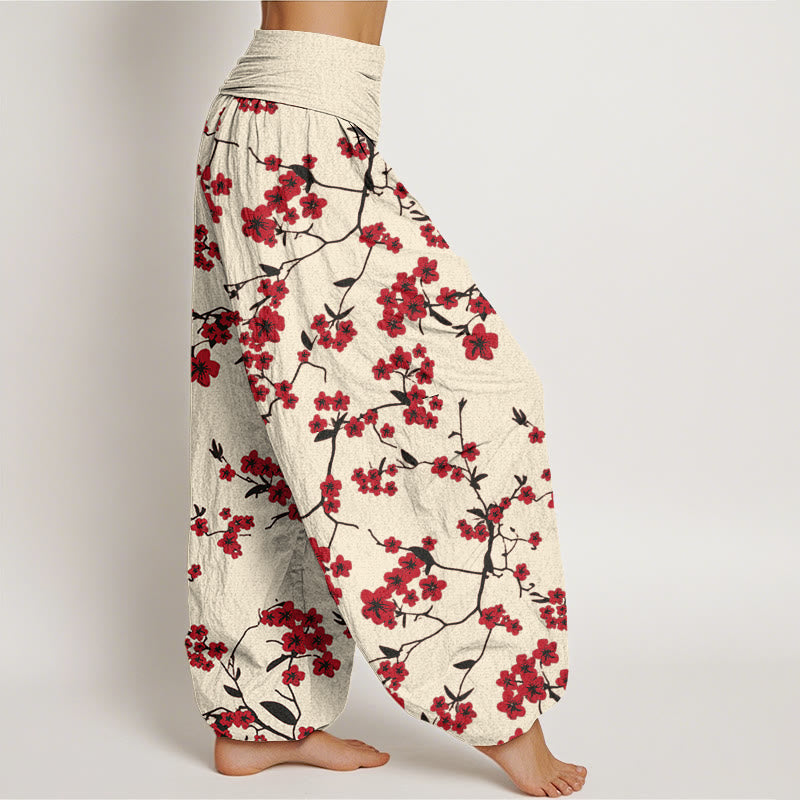 Pantalones harén con cintura elástica para mujer con estampado de flor de melocotón rojo y Buddha Stones - image 3
