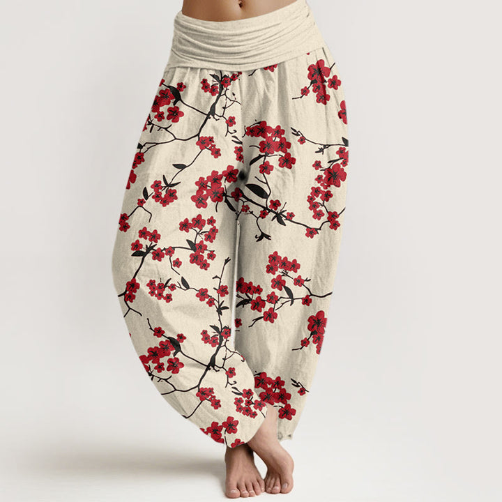 Pantalones harén con cintura elástica para mujer con estampado de flor de melocotón rojo y Buddha Stones - Amarillo dorado claro - US22，UK/AU26，EU54 (6XL) - image 0