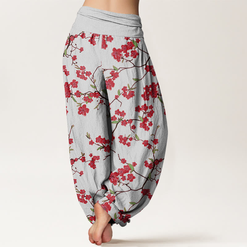 Pantalones bombachos de cintura elástica para mujer con estampado de flores de melocotón rojas y Buddha Stones en algodón. - image 5
