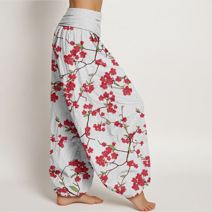 Pantalones harén con cintura elástica para mujer con estampado de flor de melocotón rojo y Buddha Stones - image 7