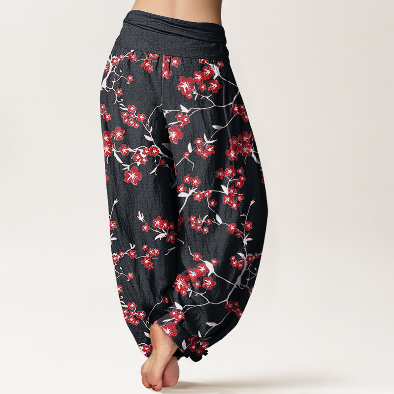 Pantalones bombachos de cintura elástica para mujer con estampado de flores de melocotón rojas y Buddha Stones en algodón. - image 8