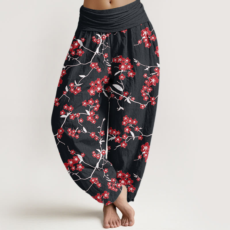 Pantalones harén con cintura elástica para mujer con estampado de flor de melocotón rojo y Buddha Stones - Negro - US22，UK/AU26，EU54 (6XL) - image 7