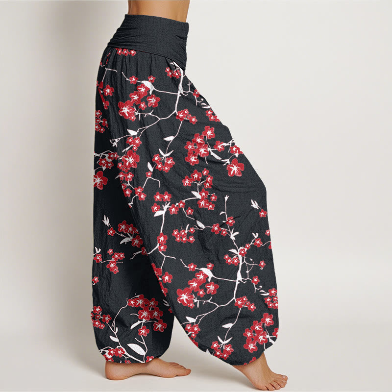 Pantalones harén con cintura elástica para mujer con estampado de flor de melocotón rojo y Buddha Stones - image 9