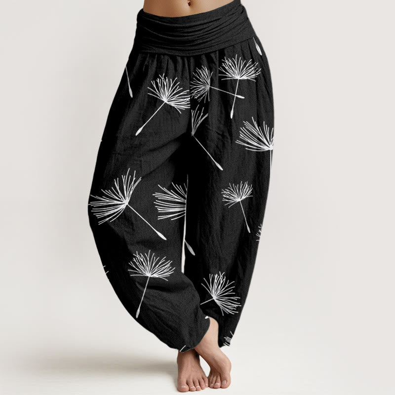 Pantalones harén de cintura elástica para mujer con estampado de semillas de diente de león y Buddha Stones - Negro - US22，UK/AU26，EU54 (6XL) - image 1