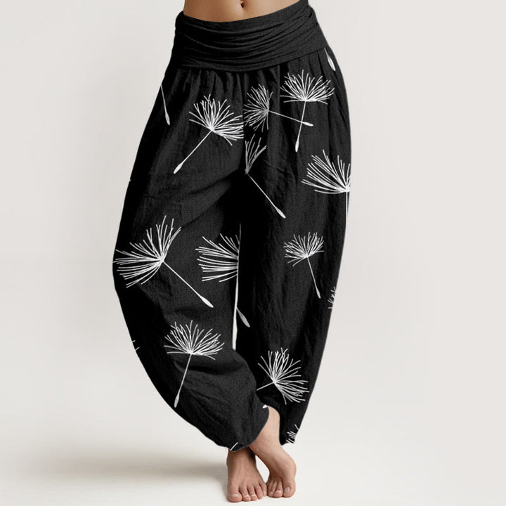 Pantalones harén de cintura elástica para mujer con estampado de semillas de diente de león y Buddha Stones - Negro - US22，UK/AU26，EU54 (6XL) - image 1