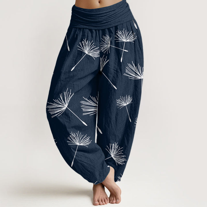 Pantalones harén de cintura elástica para mujer con estampado de semillas de diente de león y Buddha Stones - Azul medianoche - US22，UK/AU26，EU54 (6XL) - image 8