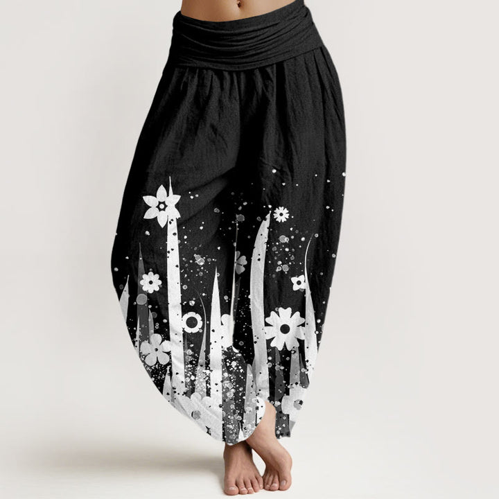 Pantalones harén informales con estampado de flores y hierba blanca de Buddha Stones para mujer, cintura elástica - Negro - US22，UK/AU26，EU54 (6XL) - image 1